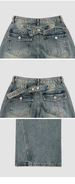 Heant Back Cross Button Pocket Wide Denim Pants