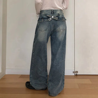 Heant Back Cross Button Pocket Wide Denim Pants