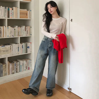 Heant Back Cross Button Pocket Wide Denim Pants