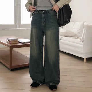 Heant Back Cross Button Pocket Wide Denim Pants