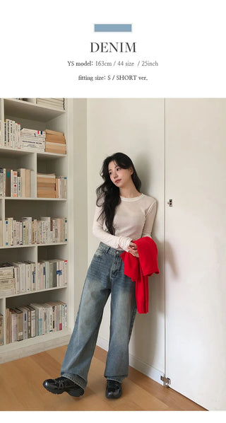 Heant Back Cross Button Pocket Wide Denim Pants
