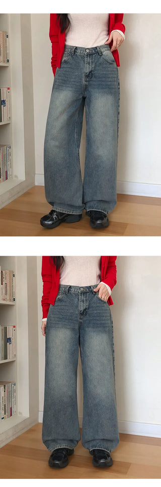 Heant Back Cross Button Pocket Wide Denim Pants