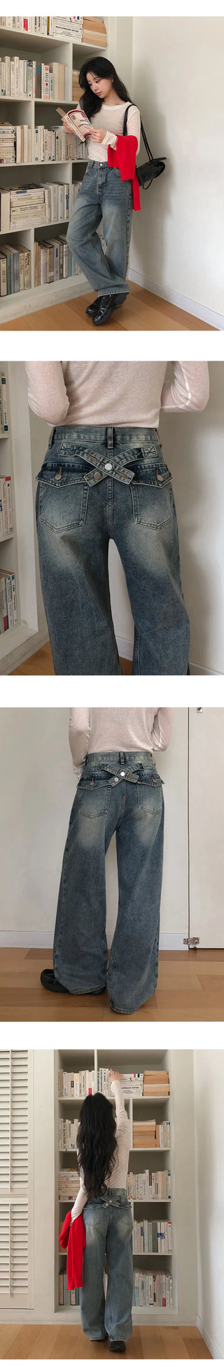 Heant Back Cross Button Pocket Wide Denim Pants