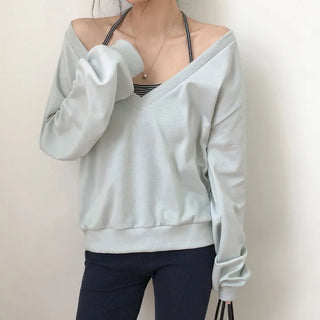 Roslyn Deep V Neck Loose Fit Long Sleeve Sweatshirt