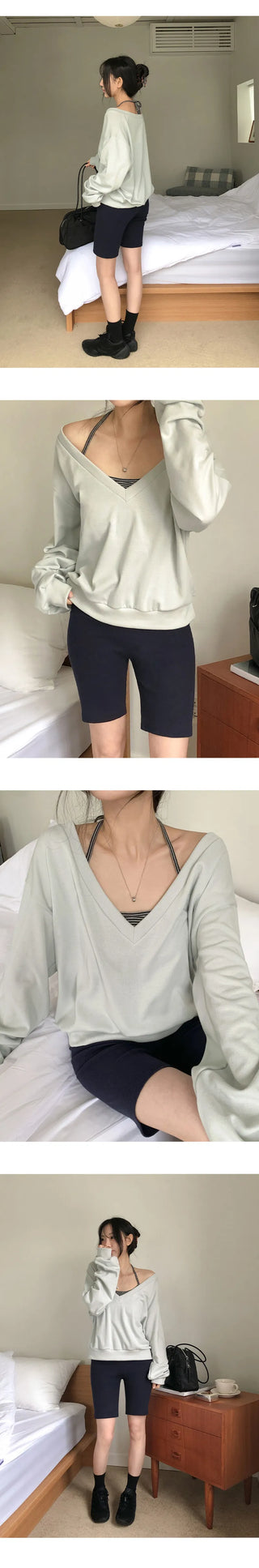 Roslyn Deep V Neck Loose Fit Long Sleeve Sweatshirt