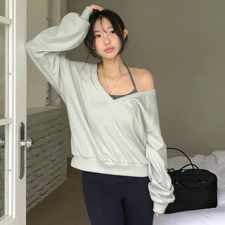 Roslyn Deep V Neck Loose Fit Long Sleeve Sweatshirt