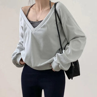 Roslyn Deep V Neck Loose Fit Long Sleeve Sweatshirt