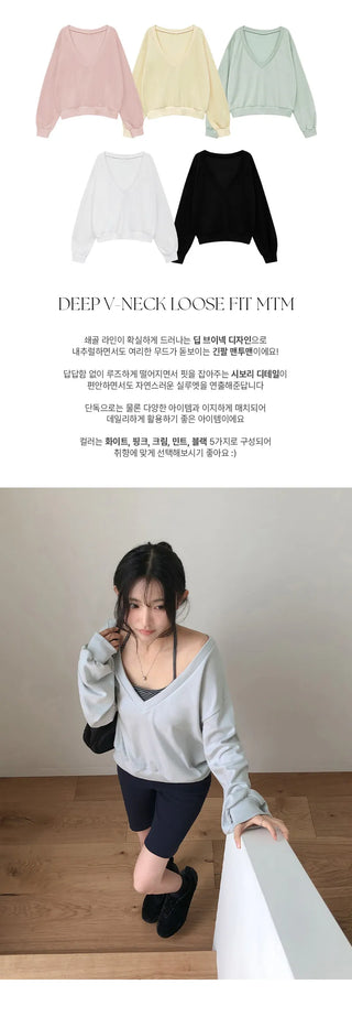 Roslyn Deep V Neck Loose Fit Long Sleeve Sweatshirt