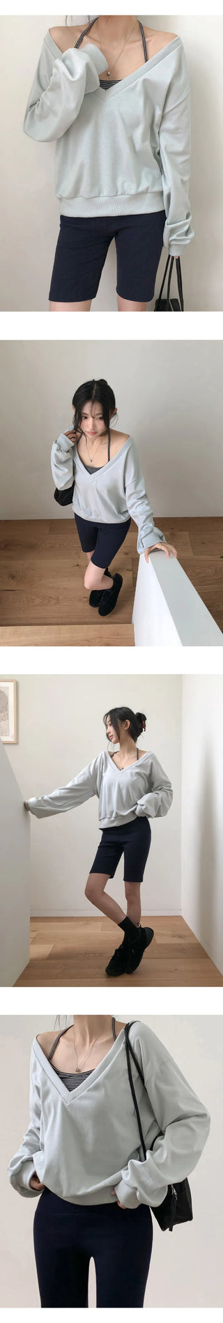 Roslyn Deep V Neck Loose Fit Long Sleeve Sweatshirt