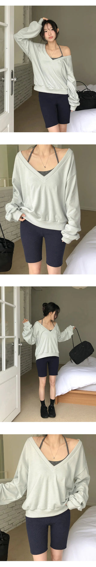Roslyn Deep V Neck Loose Fit Long Sleeve Sweatshirt