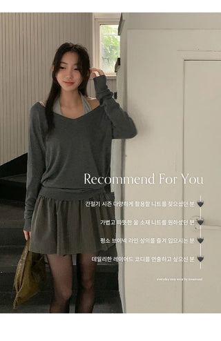 Solite Reversible Deep V Neck Raglan Long Sleeve Wool Knit