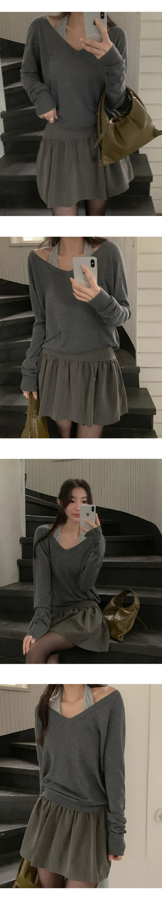 Solite Reversible Deep V Neck Raglan Long Sleeve Wool Knit