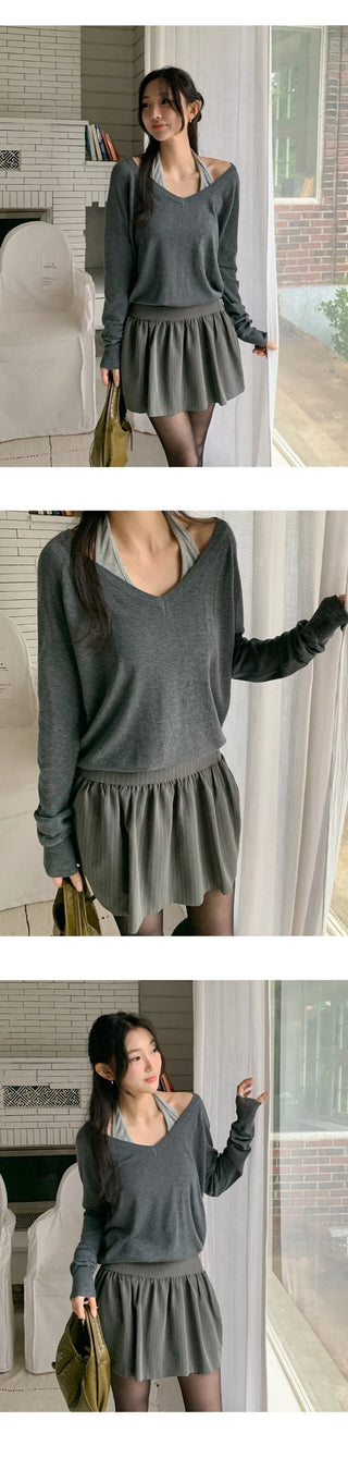 Solite Reversible Deep V Neck Raglan Long Sleeve Wool Knit