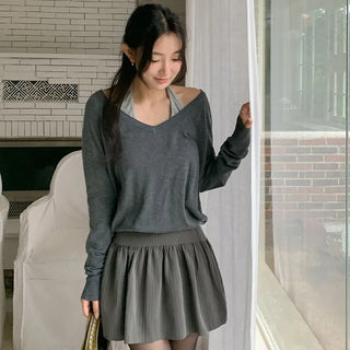 Solite Reversible Deep V Neck Raglan Long Sleeve Wool Knit