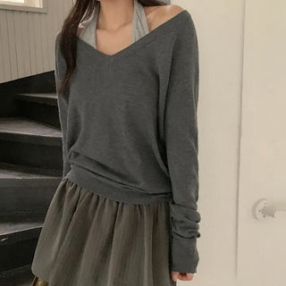 Solite Reversible Deep V Neck Raglan Long Sleeve Wool Knit
