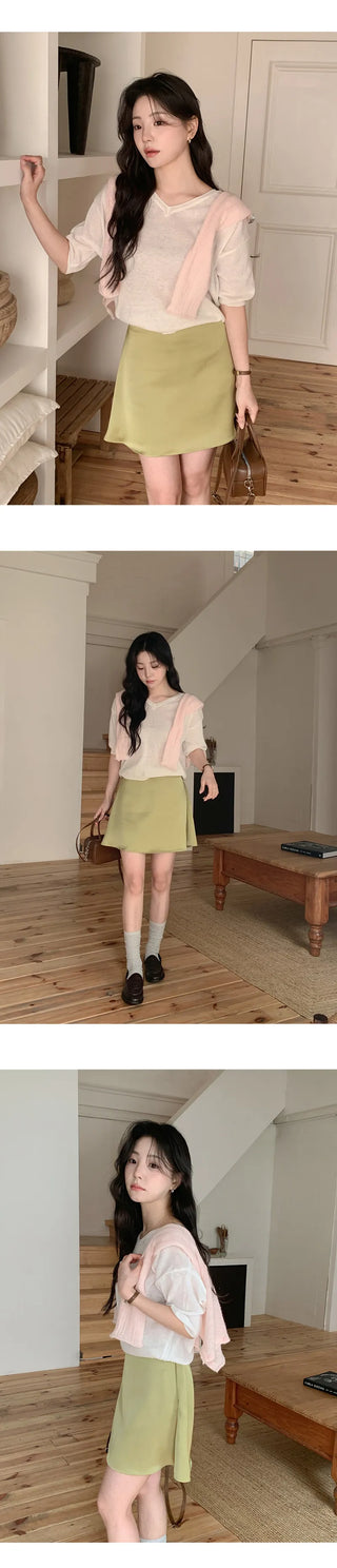 Lohena Satin A line Back Elastic Mini Skirt