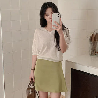 Lohena Satin A line Back Elastic Mini Skirt