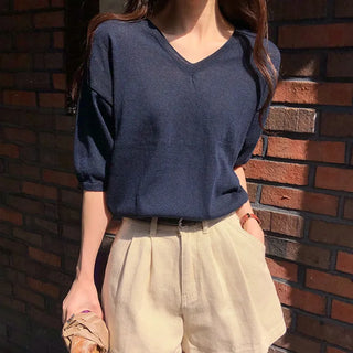 Mohadin V neck Loose Fit Short Sleeve Knit