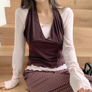 Crowen Halterneck Layered Sleeveless Long Sleeve T Shirt Set