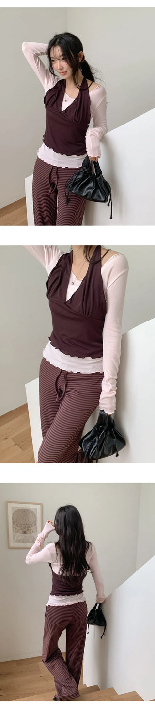 Crowen Halterneck Layered Sleeveless Long Sleeve T Shirt Set