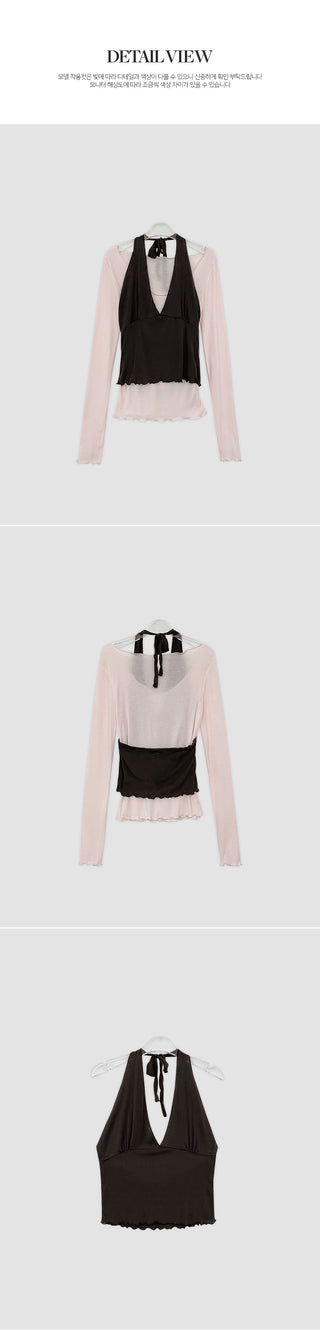 Crowen Halterneck Layered Sleeveless Long Sleeve T Shirt Set