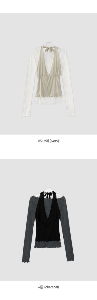 Crowen Halterneck Layered Sleeveless Long Sleeve T Shirt Set