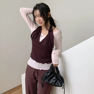 Crowen Halterneck Layered Sleeveless Long Sleeve T Shirt Set