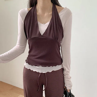 Crowen Halterneck Layered Sleeveless Long Sleeve T Shirt Set