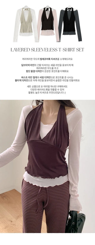 Crowen Halterneck Layered Sleeveless Long Sleeve T Shirt Set