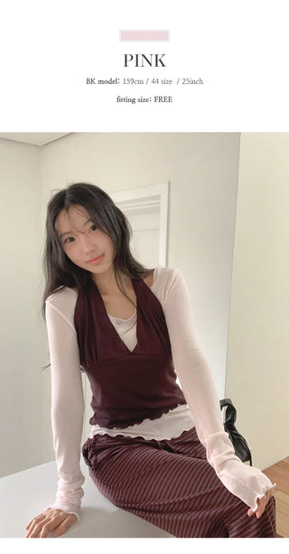 Crowen Halterneck Layered Sleeveless Long Sleeve T Shirt Set