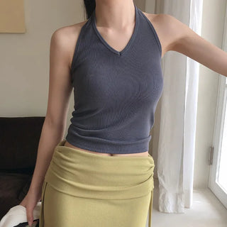 Riteven V neck Slim Fit Halter Sleeveless