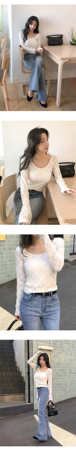 Rupern U neck See through Flower Lace Long Sleeve T shirt