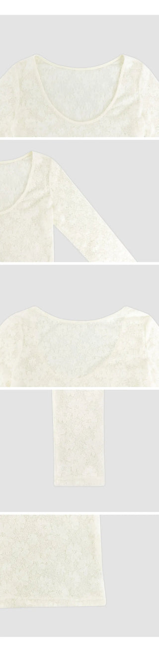 Rupern U neck See through Flower Lace Long Sleeve T shirt