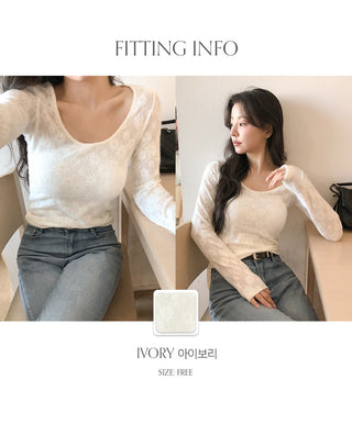 Rupern U neck See through Flower Lace Long Sleeve T shirt