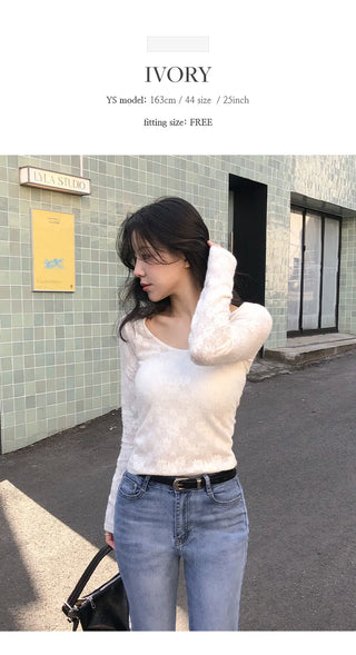 Rupern U neck See through Flower Lace Long Sleeve T shirt