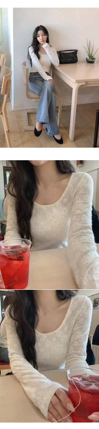 Rupern U neck See through Flower Lace Long Sleeve T shirt
