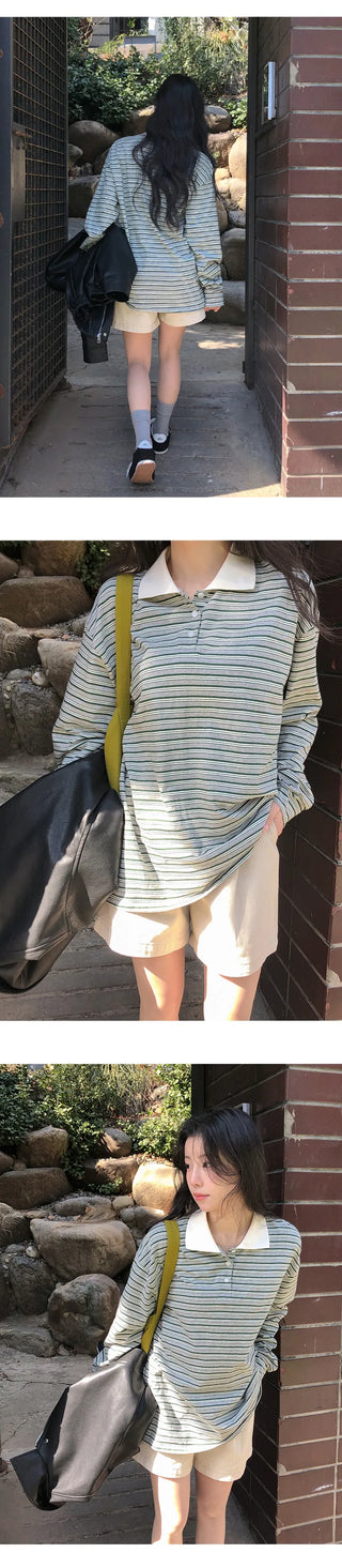 Curbain Loose Fit Striped Pique Long Sleeve T shirt