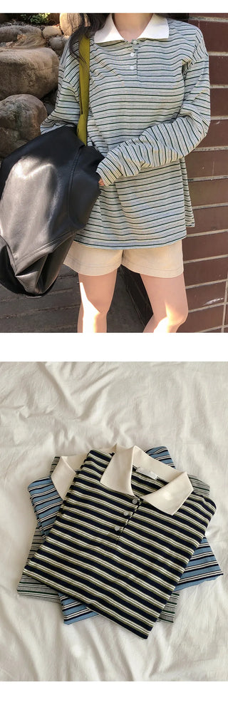 Curbain Loose Fit Striped Pique Long Sleeve T shirt
