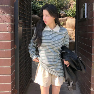 Curbain Loose Fit Striped Pique Long Sleeve T shirt