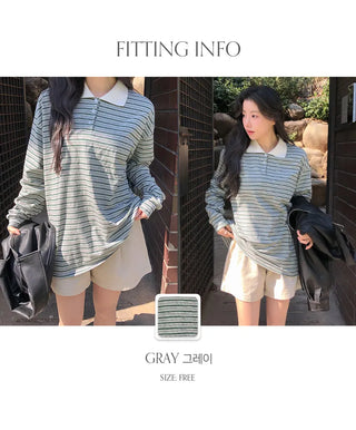 Curbain Loose Fit Striped Pique Long Sleeve T shirt