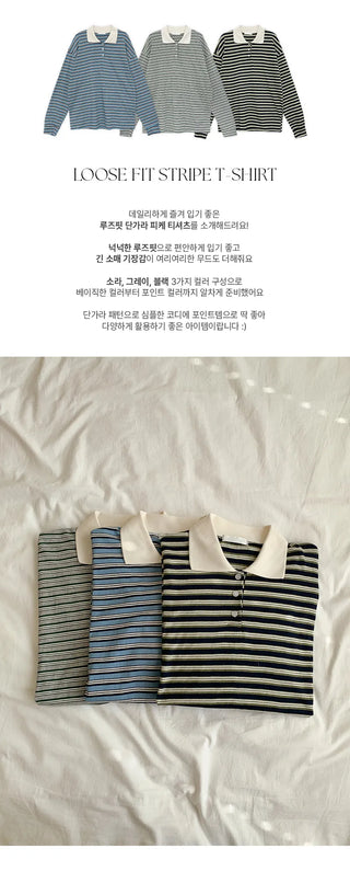 Curbain Loose Fit Striped Pique Long Sleeve T shirt