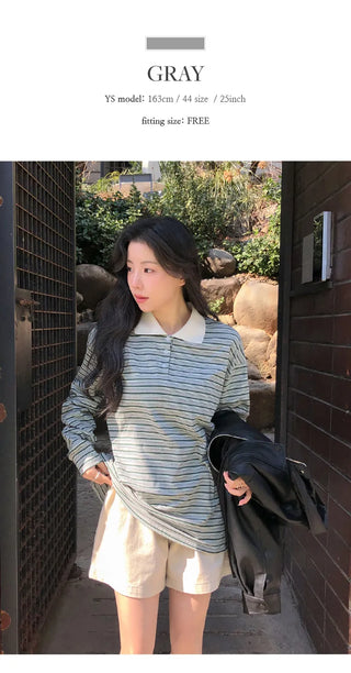Curbain Loose Fit Striped Pique Long Sleeve T shirt