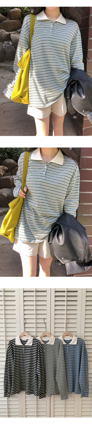 Curbain Loose Fit Striped Pique Long Sleeve T shirt