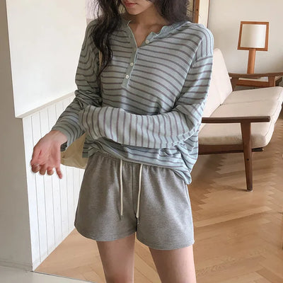 Rohet Round Henley Neck Button Striped Long Sleeve Knit