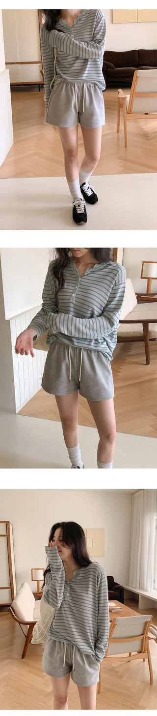 Rohet Round Henley Neck Button Striped Long Sleeve Knit