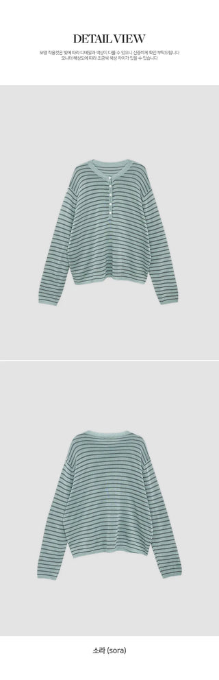 Rohet Round Henley Neck Button Striped Long Sleeve Knit