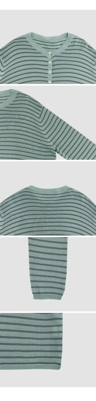 Rohet Round Henley Neck Button Striped Long Sleeve Knit