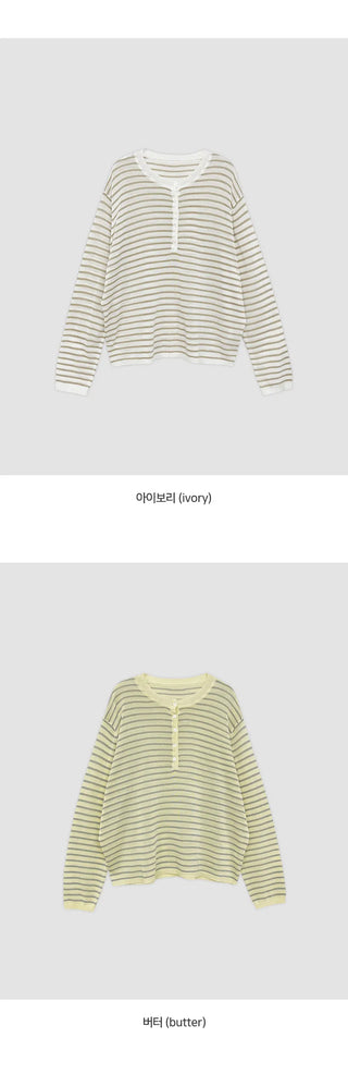 Rohet Round Henley Neck Button Striped Long Sleeve Knit