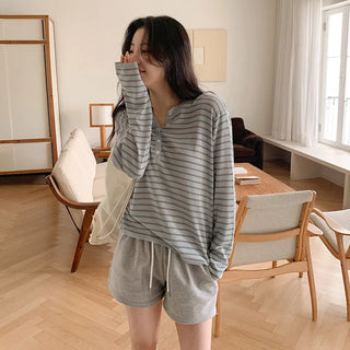 Rohet Round Henley Neck Button Striped Long Sleeve Knit