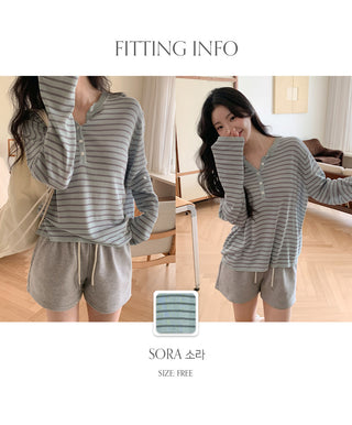 Rohet Round Henley Neck Button Striped Long Sleeve Knit